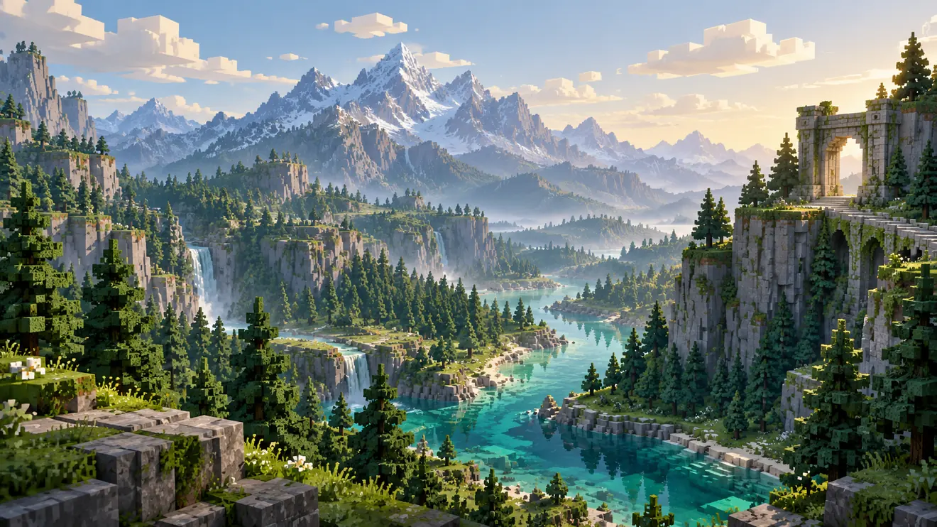 Illustration de concept : vallée de blocs, forêt et rivière au pied de grandes montagnes.